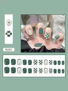 24 móng tay giả kẻ caro - màu xanh lá - Xem 3