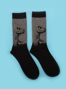 Men Dinosaur Print Crew Socks, Fall - Multicolor - View 1