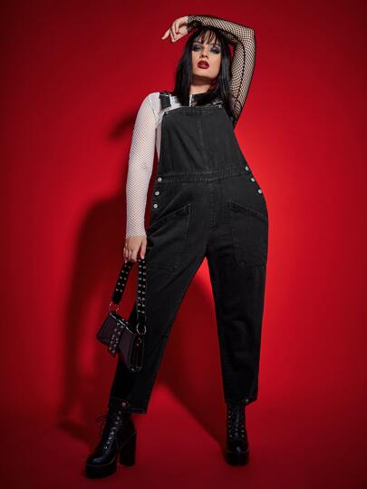 ROMWE PUNK Plus Slant Pocket Denim Oblique Button Overall Jumpsuit