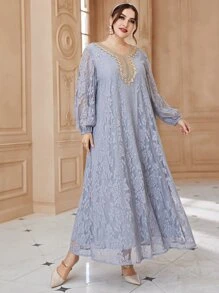 大碼貼花燈籠袖蕾絲連衣裙 - 灰色 - 查看 1