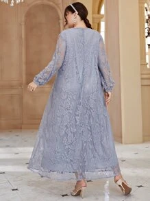 大碼貼花燈籠袖蕾絲連衣裙 - 灰色 - 查看 2