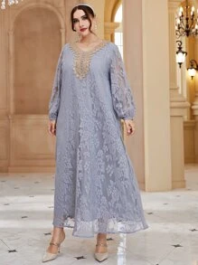 大碼貼花燈籠袖蕾絲連衣裙 - 灰色 - 查看 3