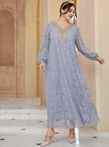 大碼貼花燈籠袖蕾絲連衣裙 - 灰色 - 查看 5