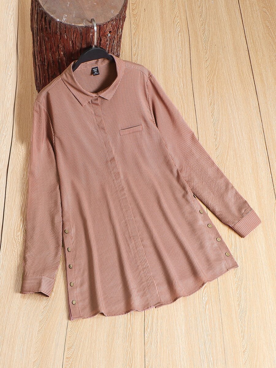 SHEIN LUNE 大碼素色紐扣細節直筒襯衫 - 藕粉色 - 查看 1