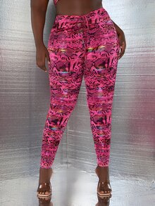 SHEIN SXY Leggings con cordón con estampado de piel de serpiente - Multicolor - Ver 4
