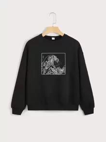 SHEIN Teen Girls Wave Print Pullover - Black - View 1