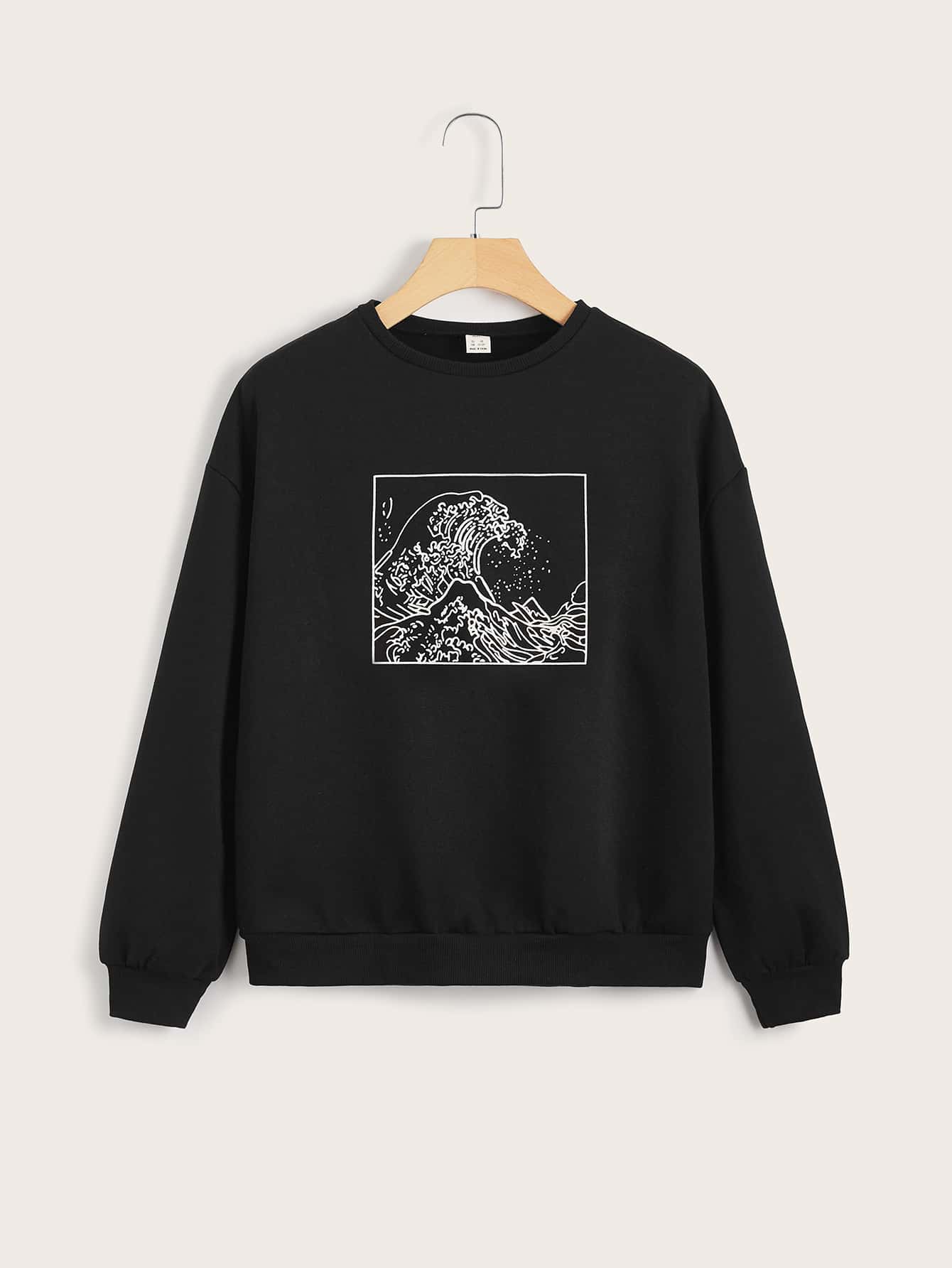 SHEIN Teen Girls Wave Print Pullover - Black - View 1