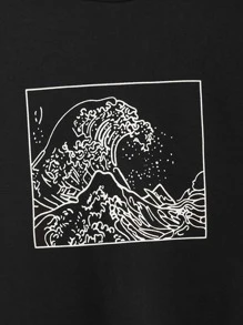 SHEIN Teen Girls Wave Print Pullover - Black - View 4