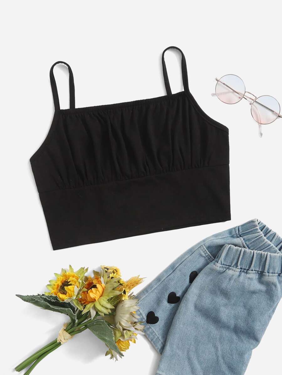 Teen Girls Solid Ruched Bust Cami Top - Black - View 1