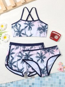 3 件装 Tween Girl 棕榈树印花交叉比基尼套装和泳裤夏季海滩 - 彩色 - 查看 1