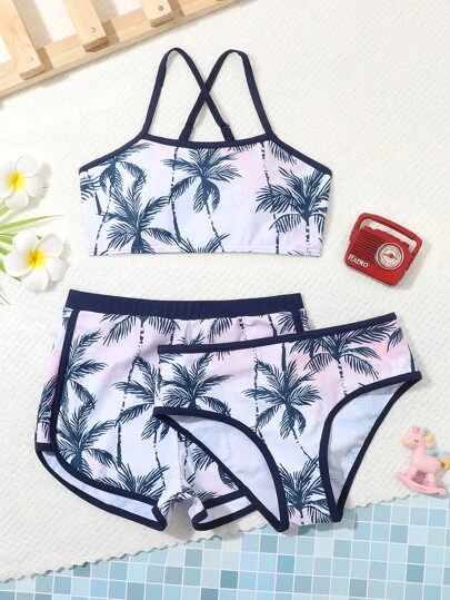 3 件装 Tween Girl 棕榈树印花交叉比基尼套装和泳裤夏季海滩