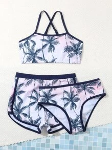 3 件装 Tween Girl 棕榈树印花交叉比基尼套装和泳裤夏季海滩 - 彩色 - 查看 3