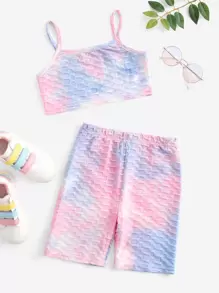 SHEIN Girls Textured Knit Tie Dye Cami Top & Biker Shorts - Multicolor - View 1