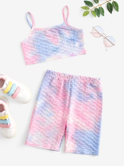SHEIN Girls Textured Knit Tie Dye Cami Top & Cycling Shorts