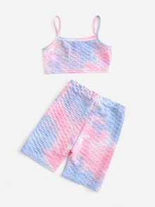 SHEIN Girls Textured Knit Tie Dye Cami Top & Biker Shorts - Multicolor - View 2