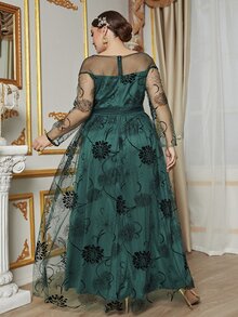 SHEIN Belle Talla grande Vestido fruncido con estampado floral de malla - Verde Oscuro - Ver 2