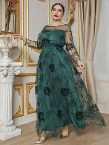 SHEIN Belle Talla grande Vestido fruncido con estampado floral de malla - Verde Oscuro - Ver 3