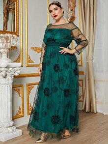 SHEIN Belle Talla grande Vestido fruncido con estampado floral de malla - Verde Oscuro - Ver 5