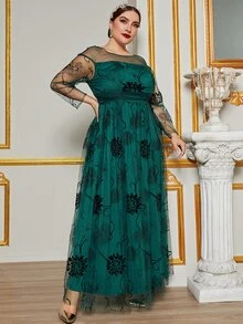 SHEIN Belle Talla grande Vestido fruncido con estampado floral de malla - Verde Oscuro - Ver 6