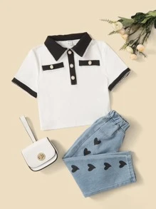 SHEIN Girls Pearls Button Front Lace Trim Top - White - View 1