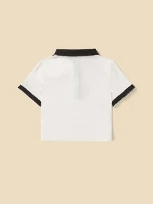 SHEIN Girls Pearls Button Front Lace Trim Top - White - View 2