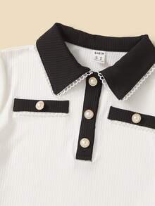 SHEIN Girls Pearls Button Front Lace Trim Top - White - View 3