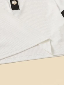 SHEIN Girls Pearls Button Front Lace Trim Top - White - View 4