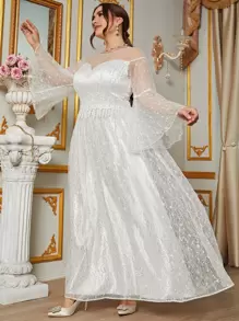 SHEIN Belle 大碼荷葉袖拼接亮片貼花網紗婚紗洋裝 - 白色 - 查看 1