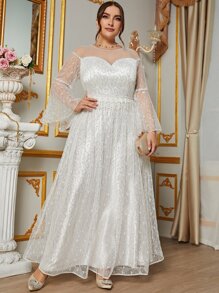 SHEIN Belle 大碼荷葉袖拼接亮片貼花網紗婚紗洋裝 - 白色 - 查看 4