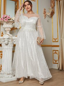 SHEIN Belle 大碼荷葉袖拼接亮片貼花網紗婚紗洋裝 - 白色 - 查看 5