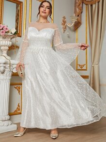 SHEIN Belle 大碼荷葉袖拼接亮片貼花網紗婚紗洋裝 - 白色 - 查看 6