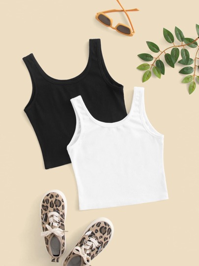 SHEIN Girls Tank Tops & Camis Rib-Knit Plain Casual