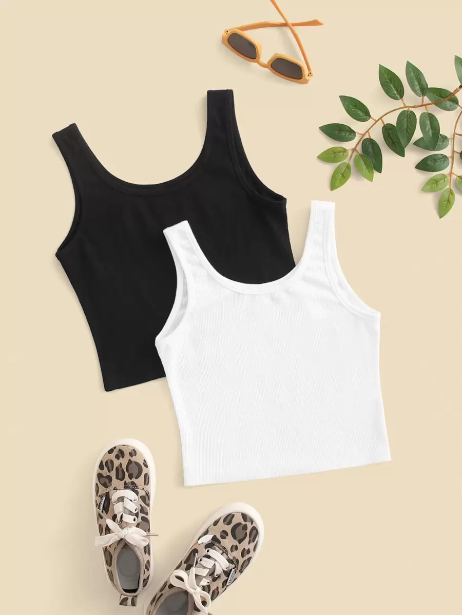 SHEIN Tween Girl 2pcs Rib-Knit Tank Top - Black and White - View 1