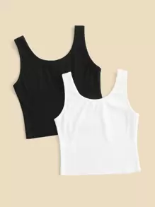 SHEIN Tween Girl 2pcs Rib-Knit Tank Top - Black and White - View 2