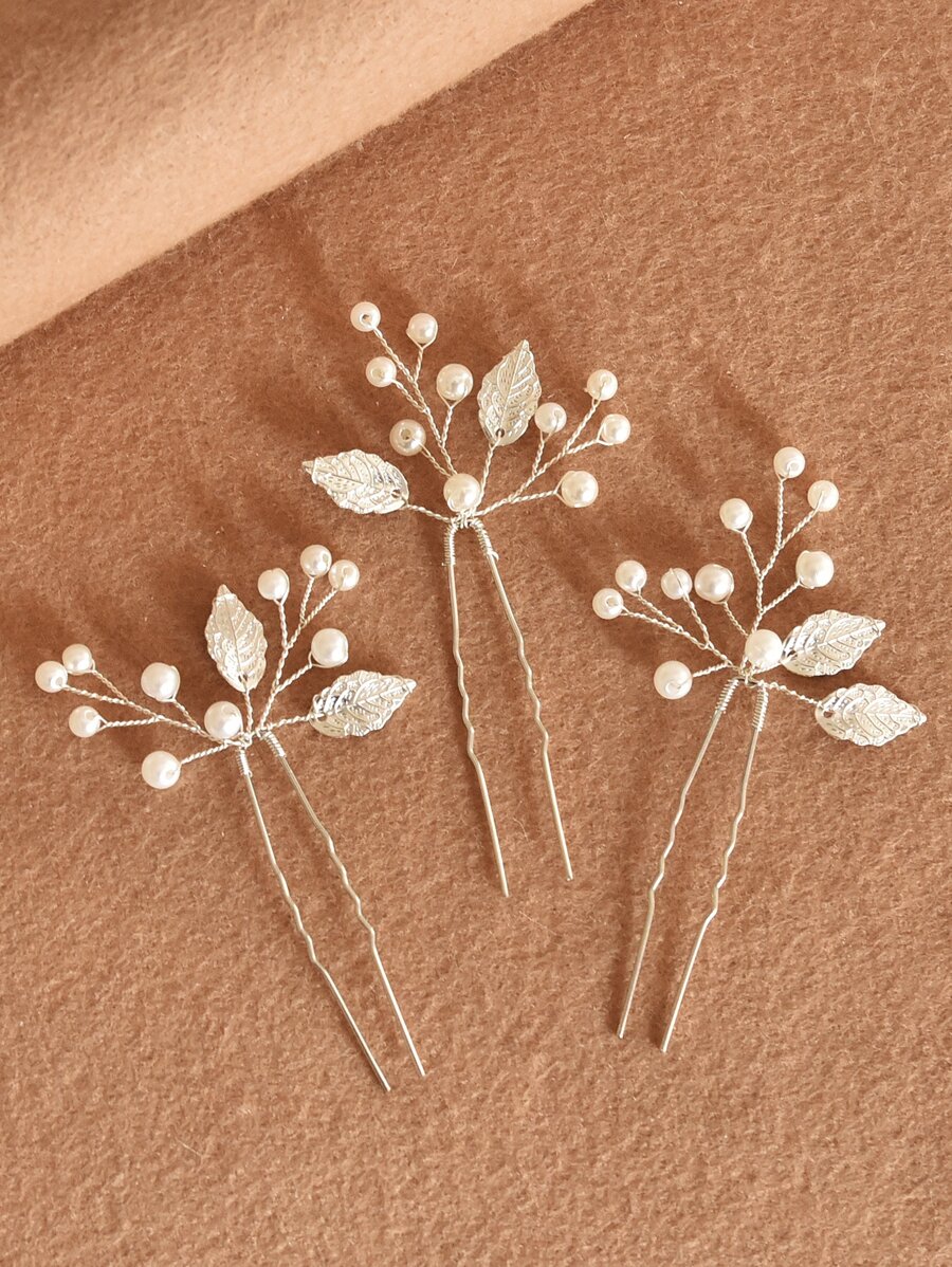 3件套精美手工合金叶子珍珠新娘发夹，适用于婚礼和情人节配饰 - 銀色 - 查看 1