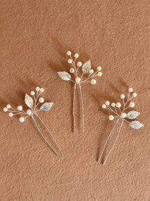 3件套精美手工合金叶子珍珠新娘发夹，适用于婚礼和情人节配饰 - 銀色 - 查看 2