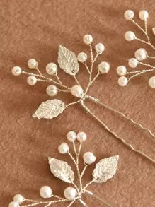 3件套精美手工合金叶子珍珠新娘发夹，适用于婚礼和情人节配饰 - 銀色 - 查看 3