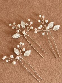 3件套精美手工合金叶子珍珠新娘发夹，适用于婚礼和情人节配饰 - 銀色 - 查看 4