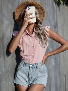 Ruffle Button Front Shirt - Baby Pink - View 1