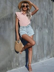 Ruffle Button Front Shirt - Baby Pink - View 6