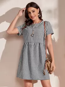 SHEIN Gingham Smock Dress - Black and White - View 1