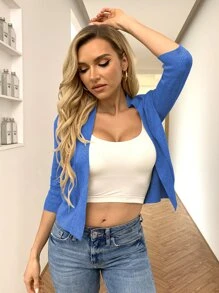 AAmilife Open Front Solid Cardigan - Blue - View 4