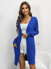 AAmilife Open Front Patch Pocket Cardigan - Royal Blue - View 1