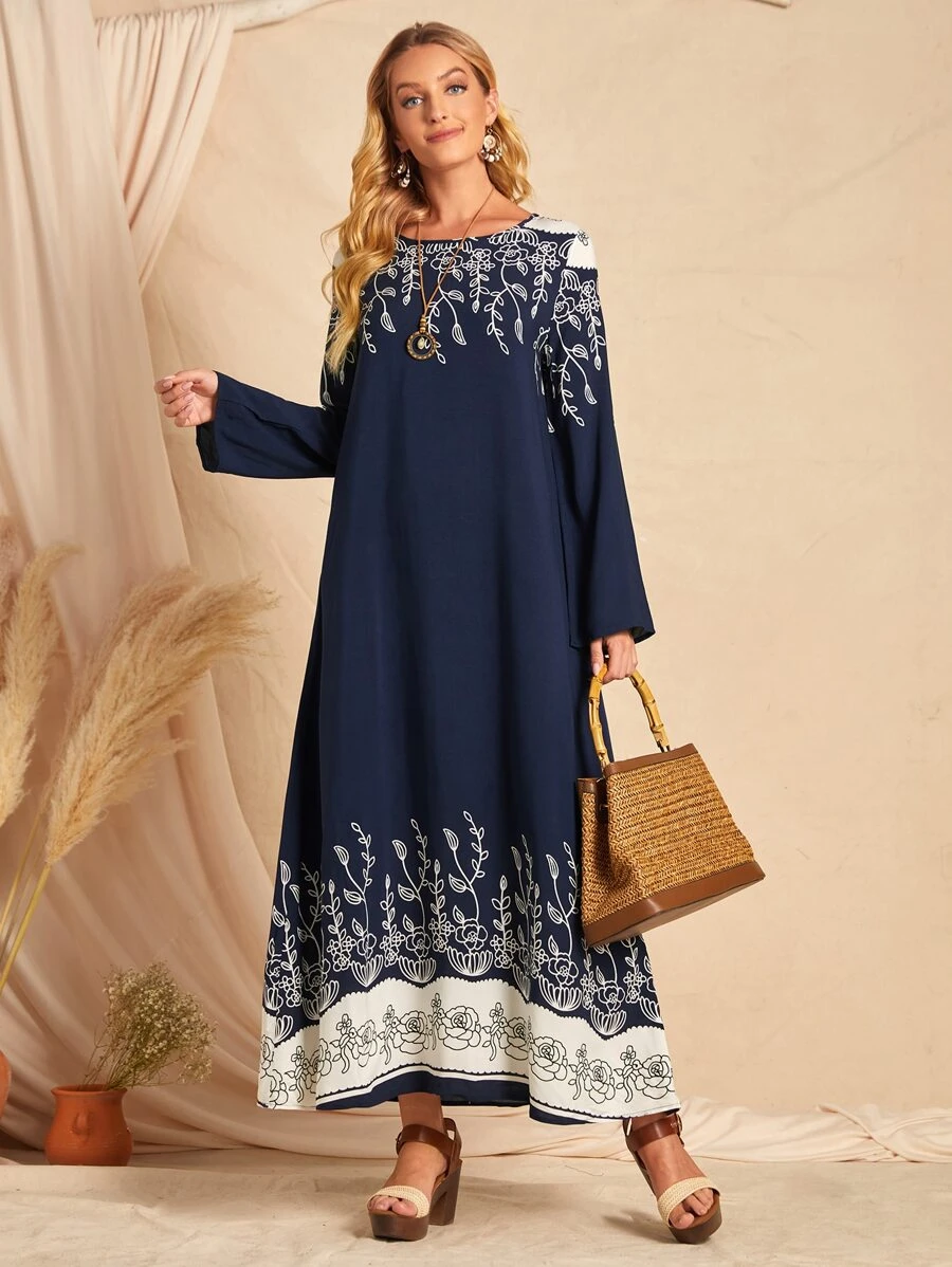 EMERY ROSE Botanical Print Tunic Dress - Navy Blue - View 1