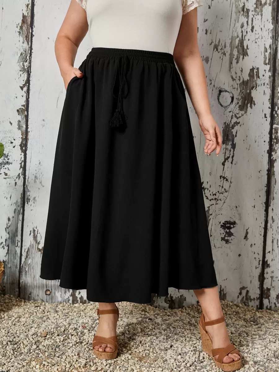 EMERY ROSE Plus Solid Pocket Front Skirt - Black - View 1