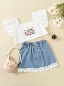 SHEIN 小女童花卉刺繡荷葉邊上衣和拼接提花拼塊半身裙 - 藍白色 - 查看 1