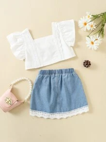 SHEIN 小女童花卉刺繡荷葉邊上衣和拼接提花拼塊半身裙 - 藍白色 - 查看 2