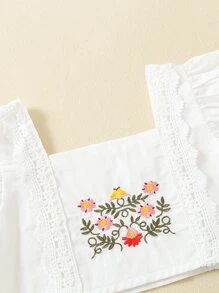 SHEIN 小女童花卉刺繡荷葉邊上衣和拼接提花拼塊半身裙 - 藍白色 - 查看 4