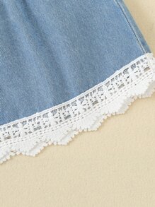 SHEIN 小女童花卉刺繡荷葉邊上衣和拼接提花拼塊半身裙 - 藍白色 - 查看 6