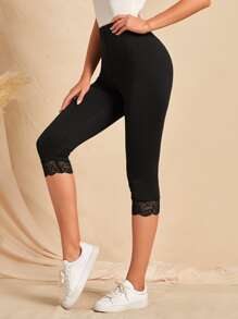 EMERY ROSE High Waist Lace Trim Leggings - Black - View 1